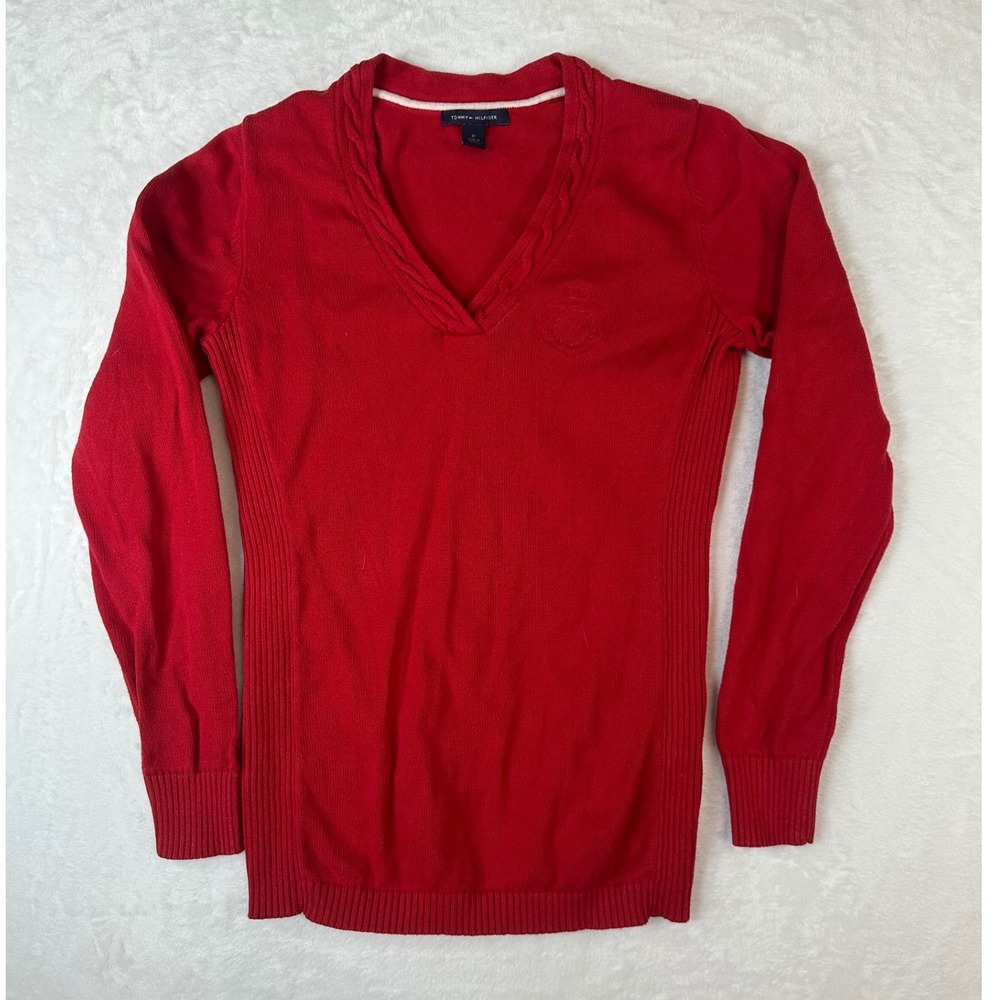 Tommy Hilfiger Red V-Neck Sweater Cable Knit Trim Crest Embroidered Medium